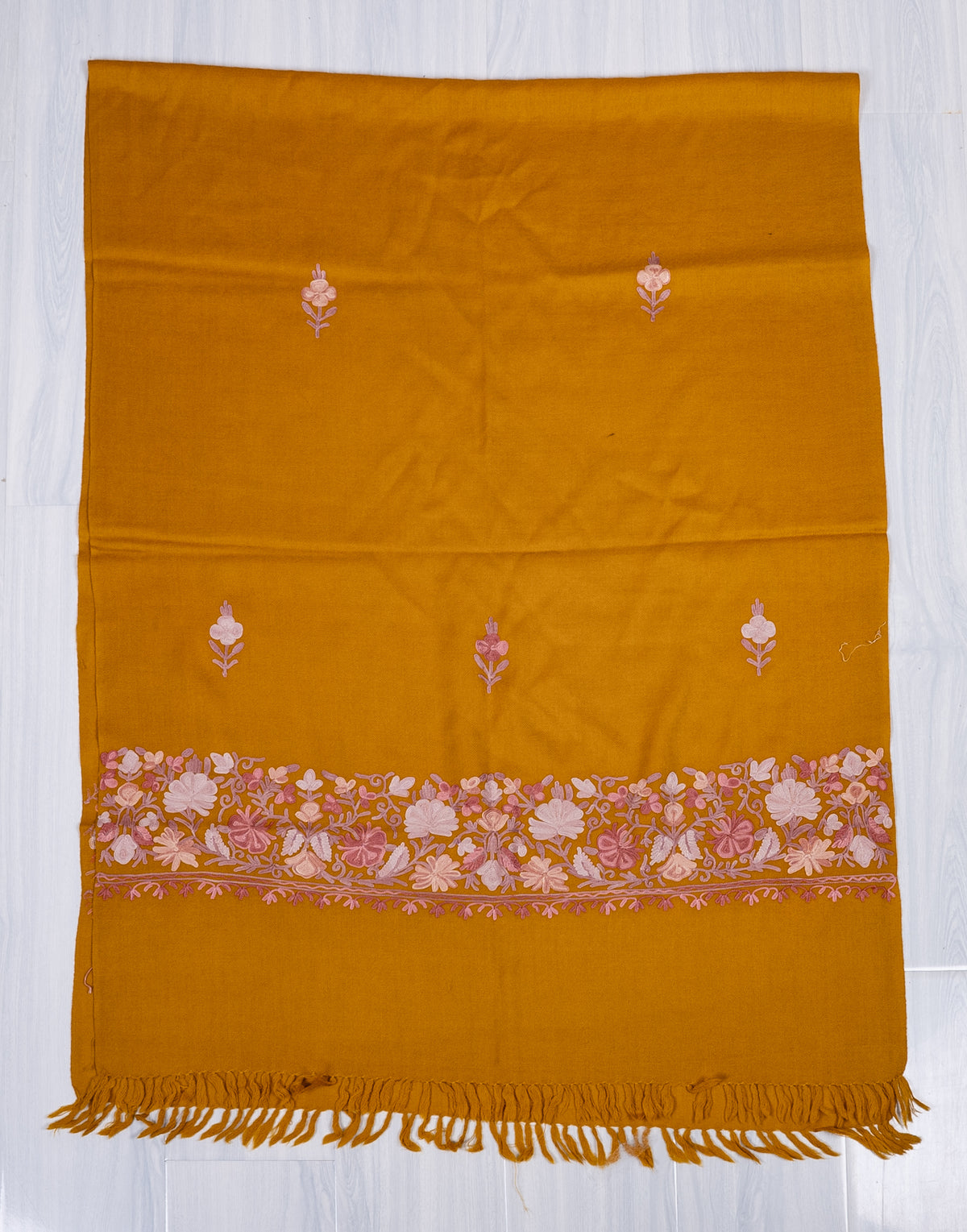 Machine Embroidered Scarf in Mustard with Floral Border Embroidery