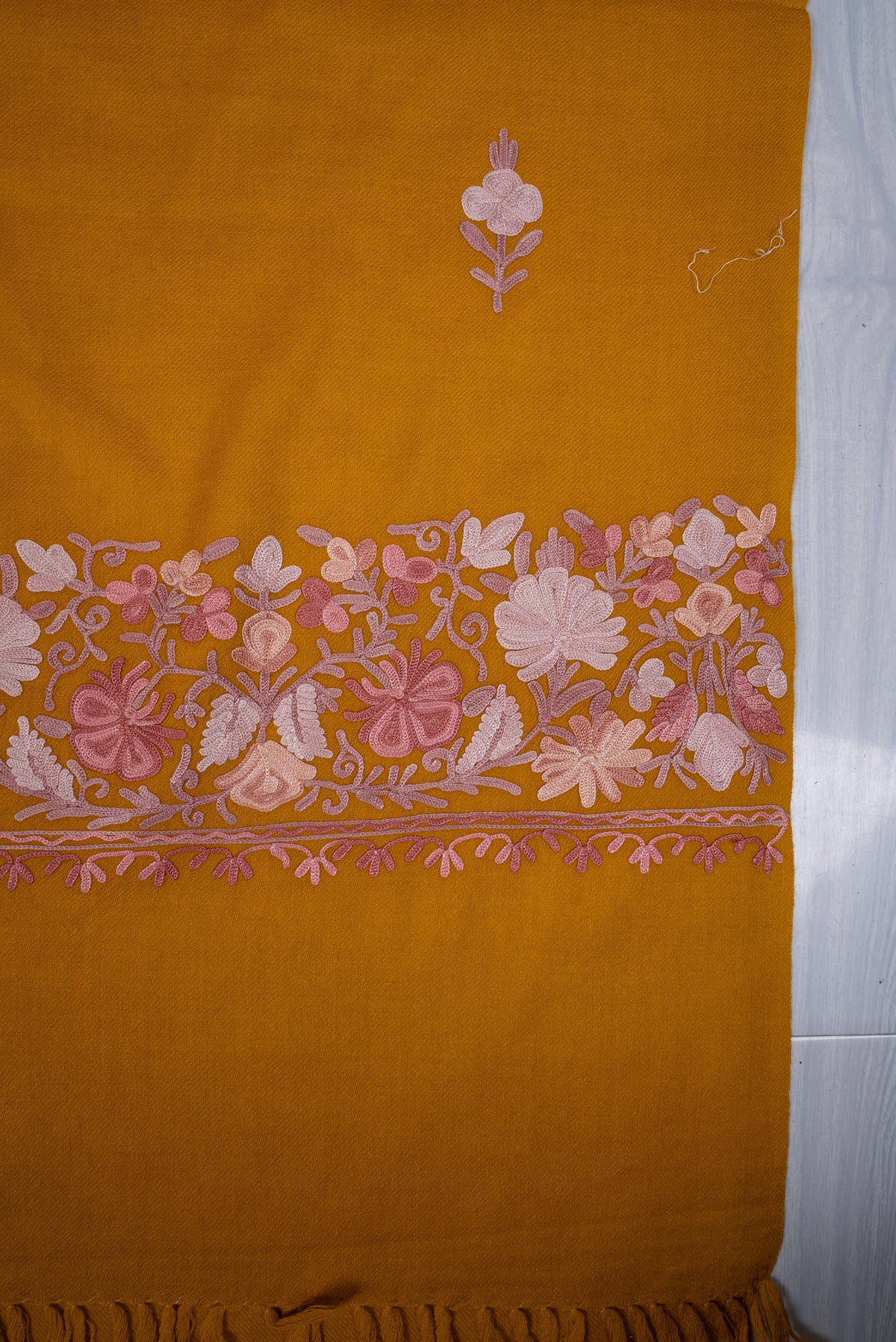 Machine Embroidered Scarf in Mustard with Floral Border Embroidery