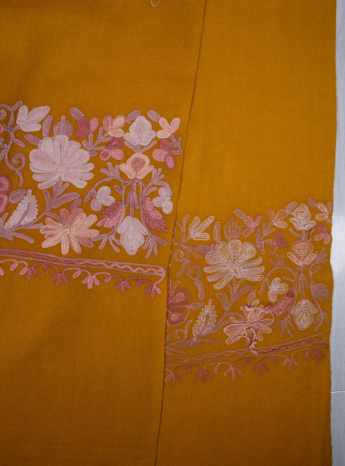 Machine Embroidered Scarf in Mustard with Floral Border Embroidery