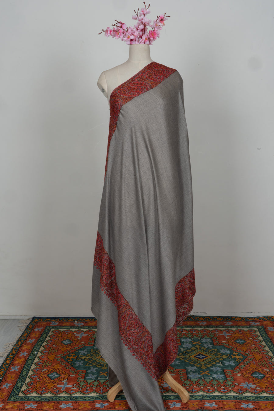 Crimson Dusk Merino wool 2.5 Yards Sozni Hand Embroidered Shawl