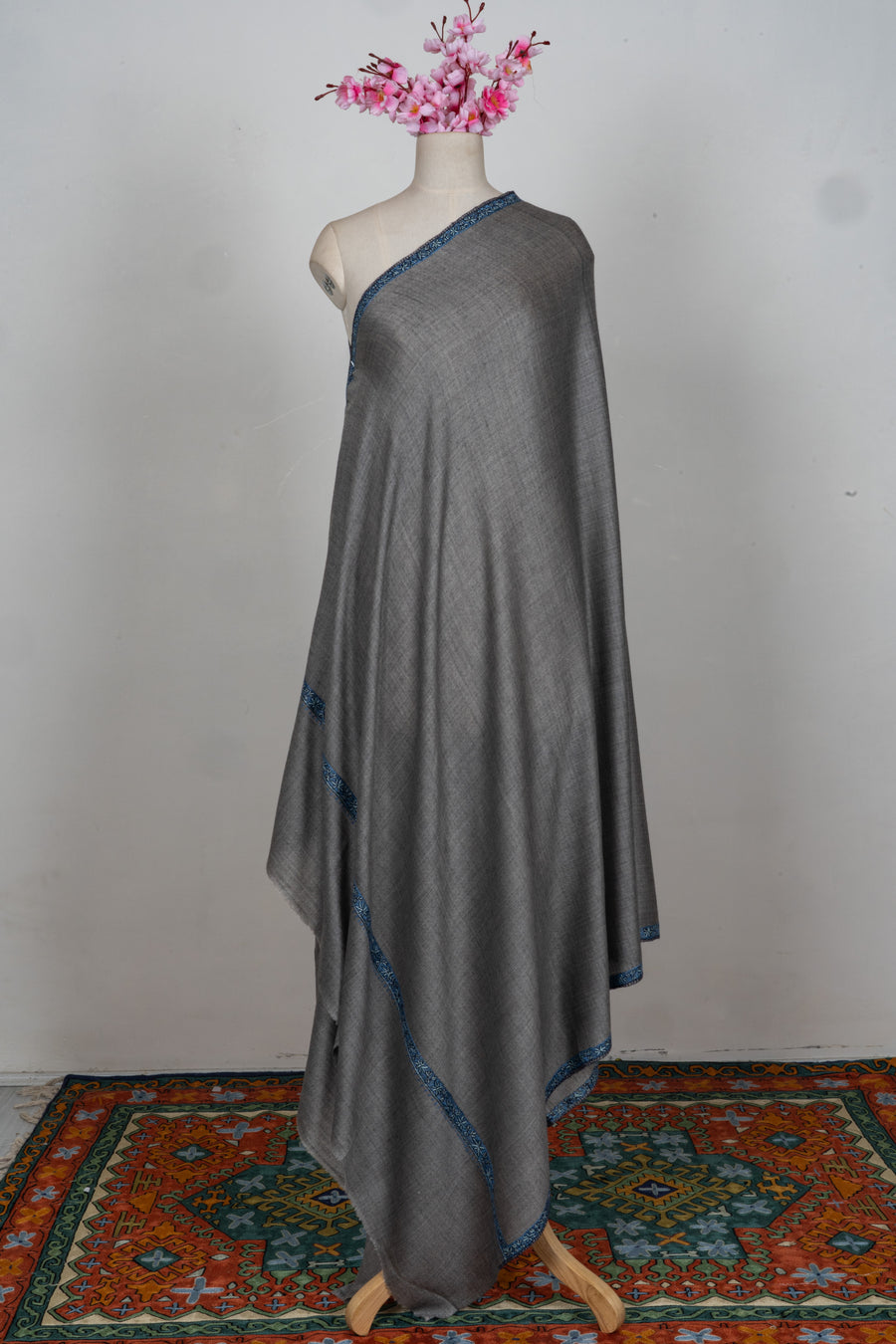 Silver Blue Whisper Merino wool 2.5 Yards Sozni Hand Embroidered Shawl