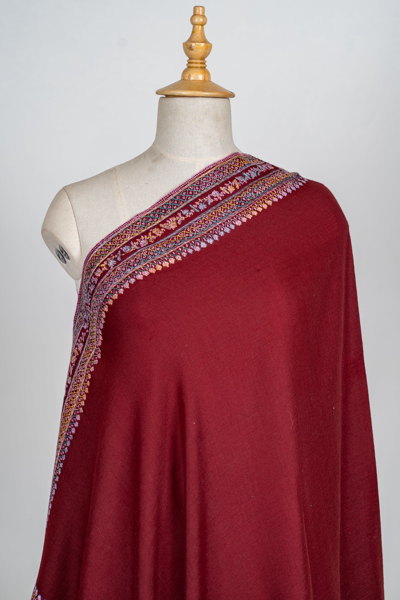 Merlot Elegance: Hand-Embroidered Sozni Border Merino Wool Shawl