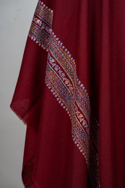 Merlot Elegance: Hand-Embroidered Sozni Border Merino Wool Shawl