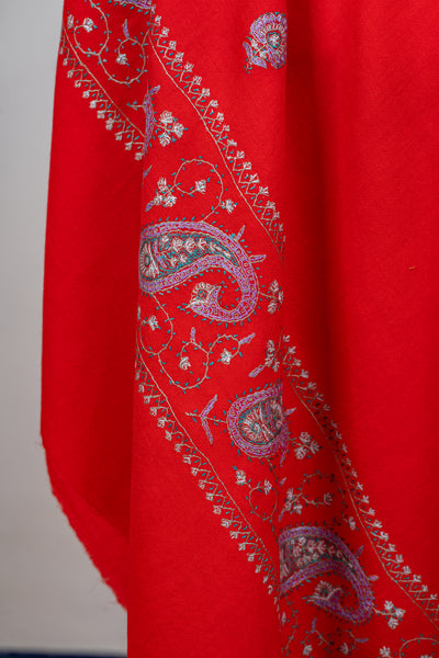 Crimson Bliss: Sozni Embroidered Merino Wool Shawl