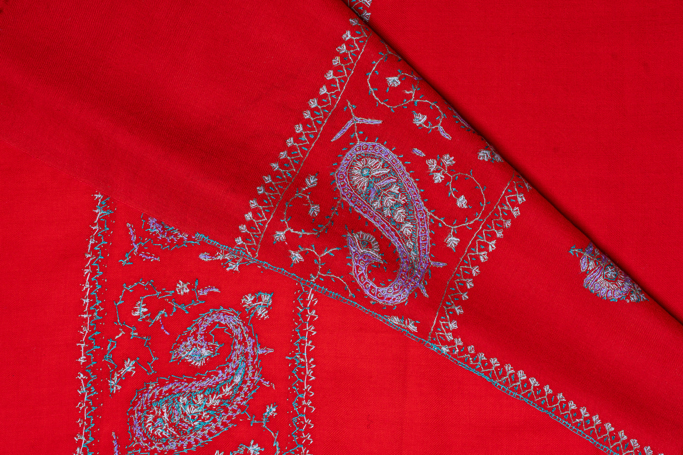 Crimson Bliss: Sozni Embroidered Merino Wool Shawl