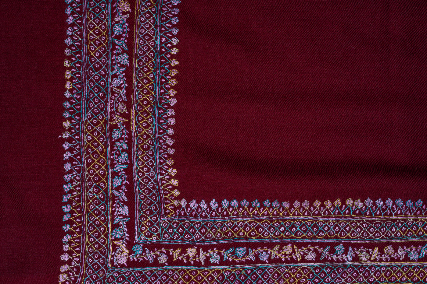 Merlot Elegance: Hand-Embroidered Sozni Border Merino Wool Shawl