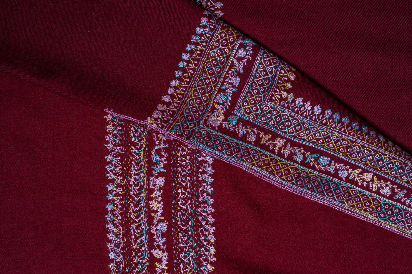 Merlot Elegance: Hand-Embroidered Sozni Border Merino Wool Shawl