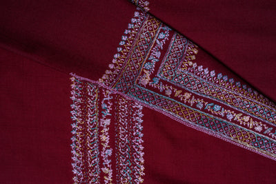 Merlot Elegance: Hand-Embroidered Sozni Border Merino Wool Shawl