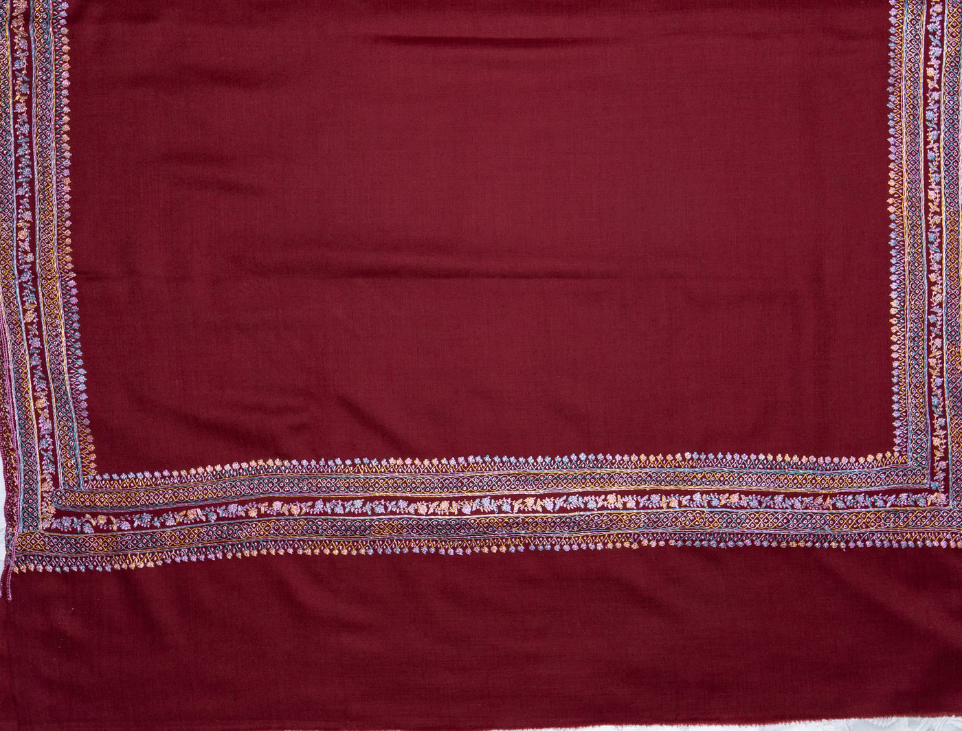 Merlot Elegance: Hand-Embroidered Sozni Border Merino Wool Shawl