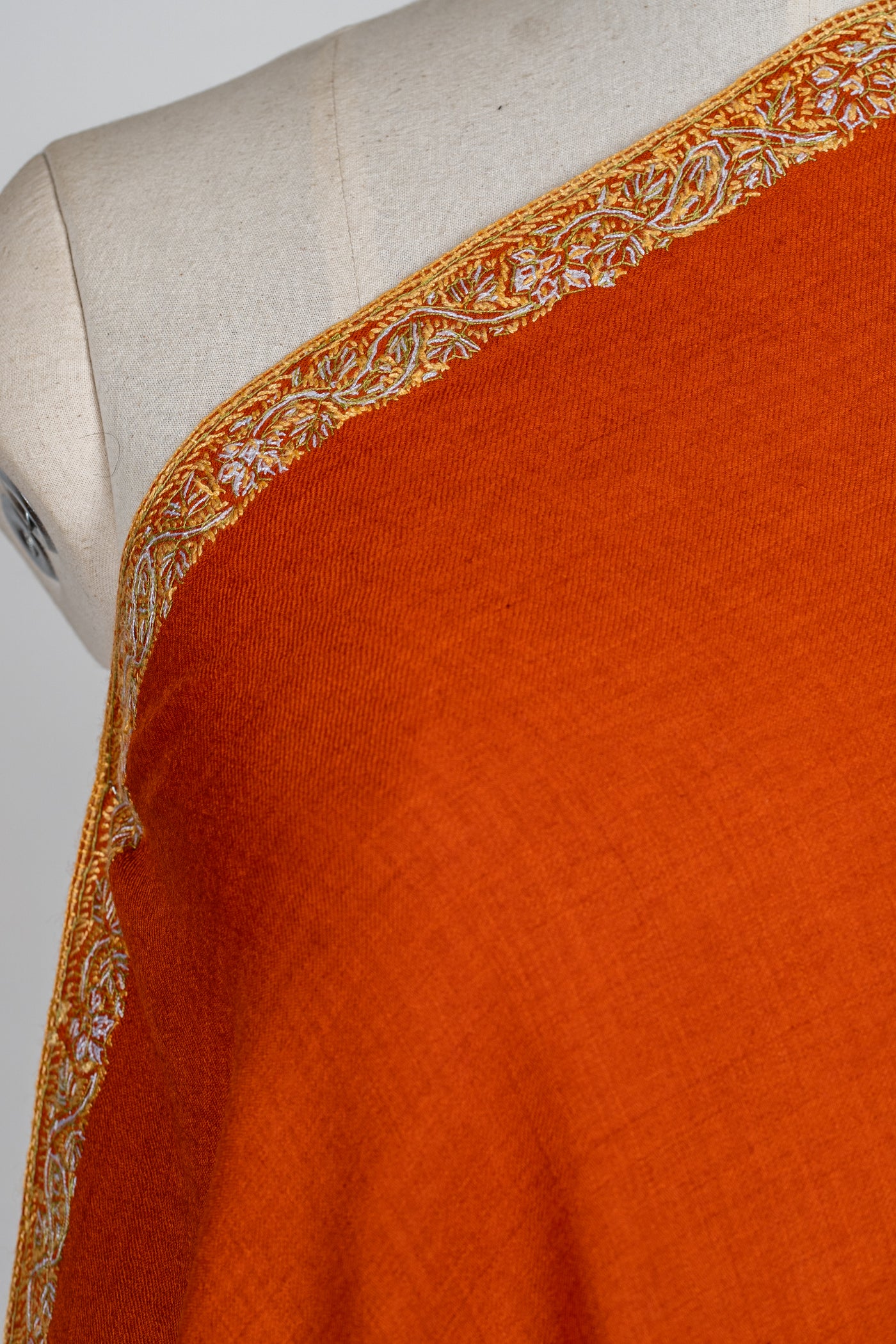 Saffron Harmony: Hand-Embroidered Sozni Trim Merino Wool Shawl