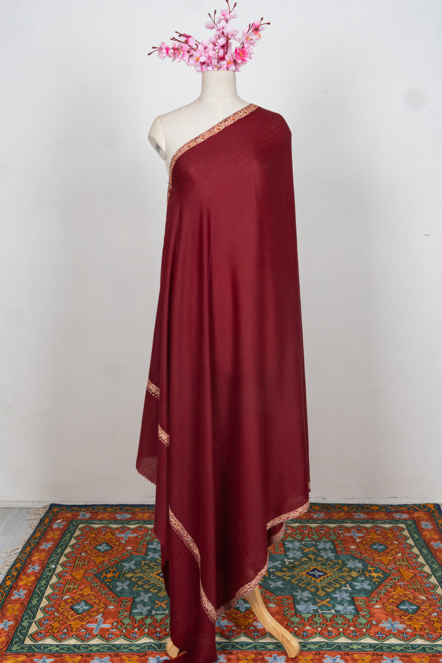 Royal Garnet Merino wool 2.5 Yards Sozni Hand Embroidered Shawl