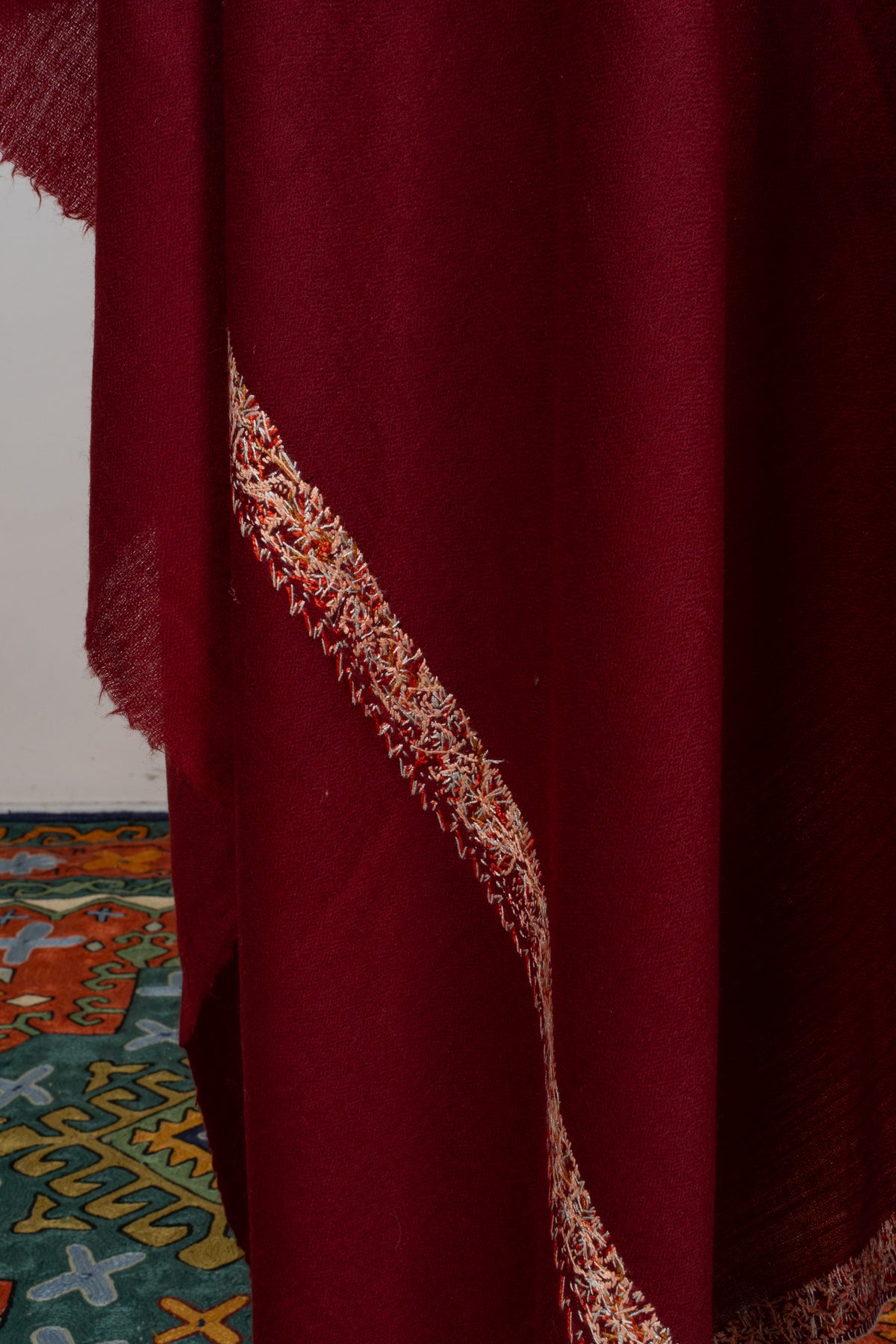 Royal Garnet Merino wool 2.5 Yards Sozni Hand Embroidered Shawl