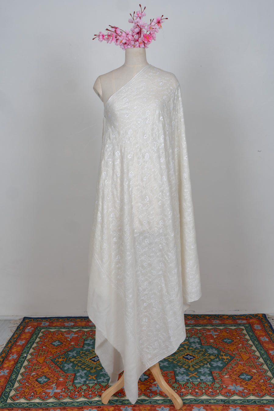 Ivory Whisper Merino wool 2.5 Yards Sozni Hand Embroidered Shawl