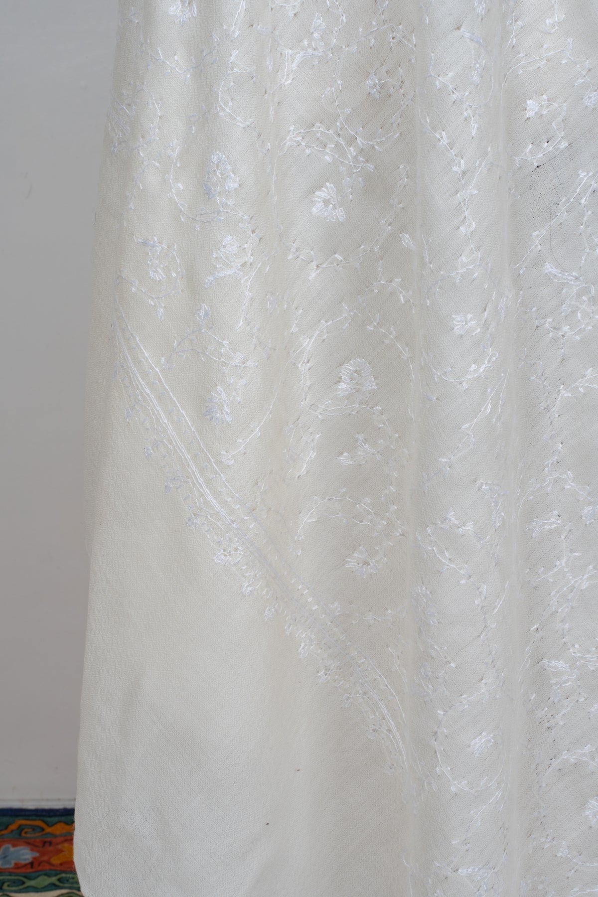 Ivory Whisper Merino wool 2.5 Yards Sozni Hand Embroidered Shawl