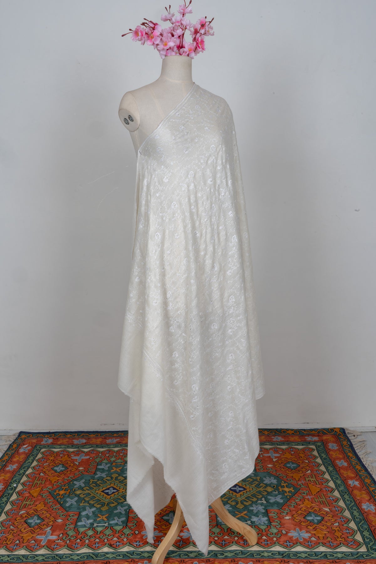Ivory Whisper Merino wool 2.5 Yards Sozni Hand Embroidered Shawl