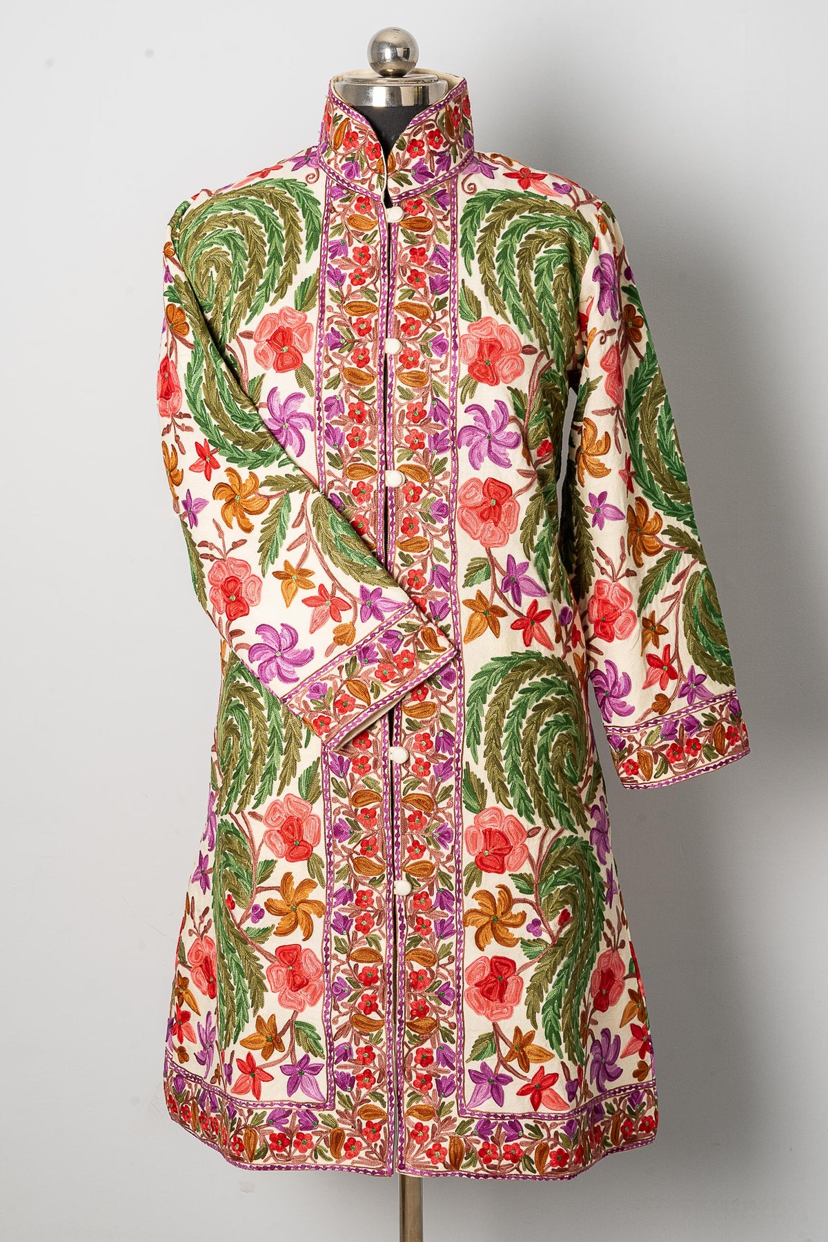 White Aari-Embroidered Floral Jacket with Vivid Hues