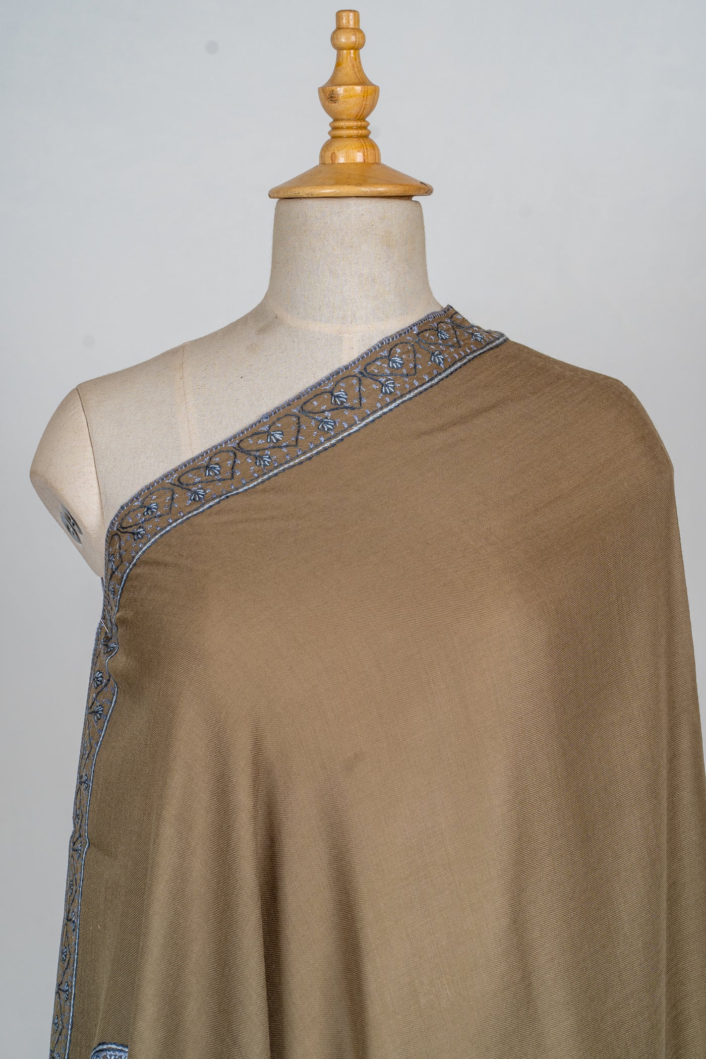 Olive Grace: Hand-Embroidered Sozni Border Merino Wool Shawl