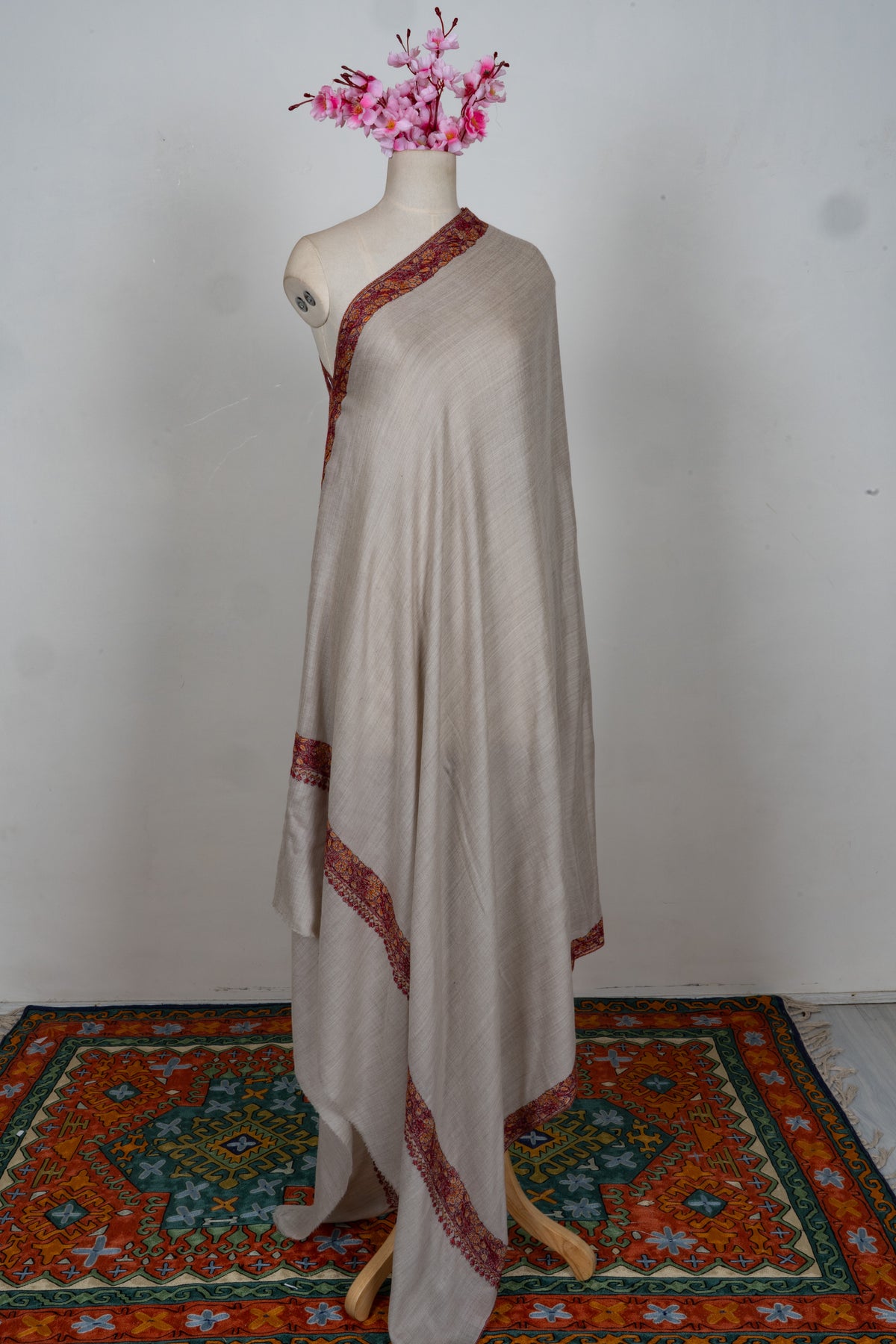 Almond Bloom Merino wool 2.5 Yards Sozni Hand Embroidered Shawl