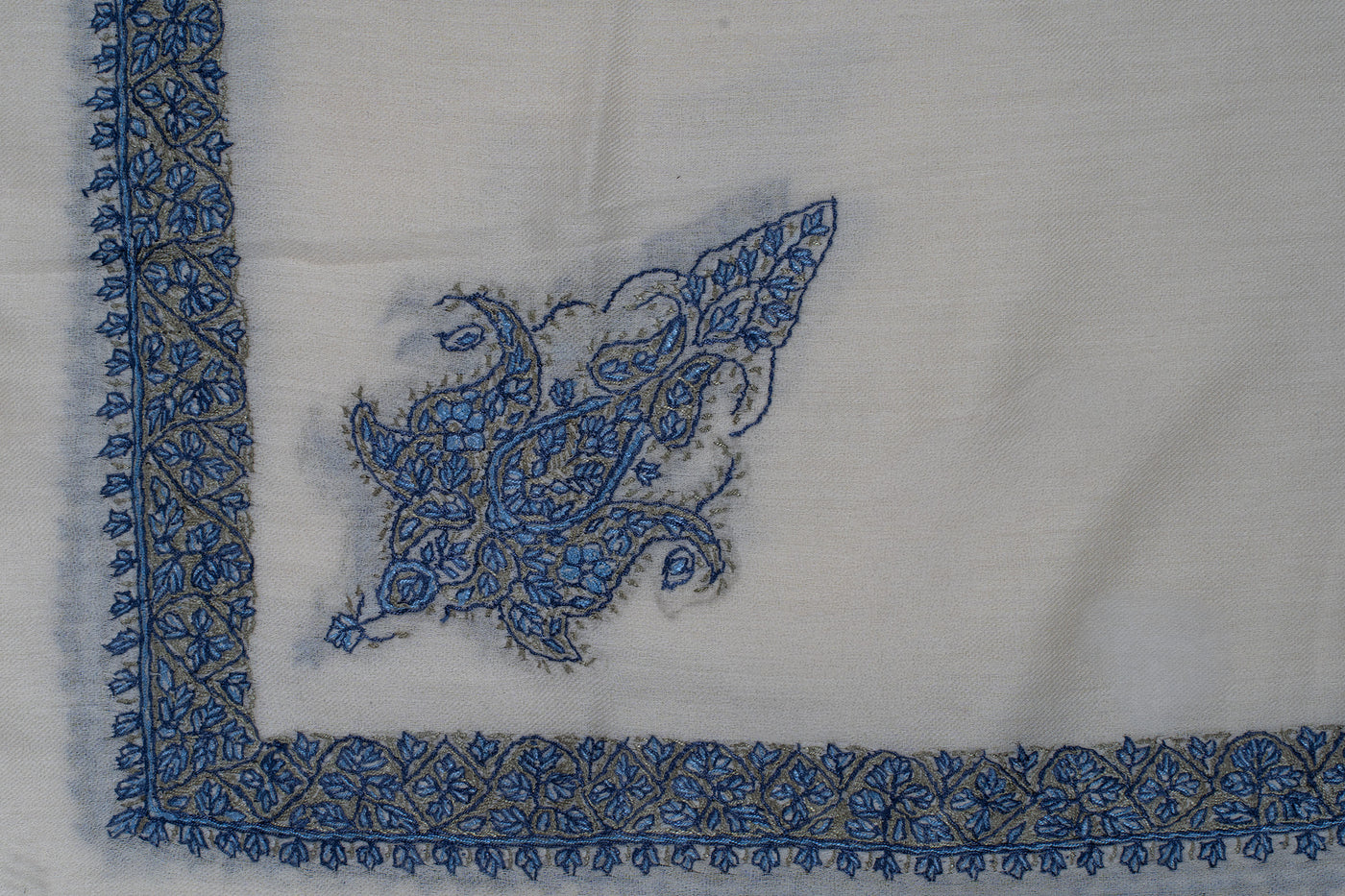 Ivory Sapphire Rumal — Sozni Hand Embroidered