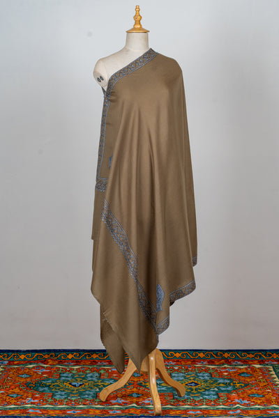 Olive Grace: Hand-Embroidered Sozni Border Merino Wool Shawl