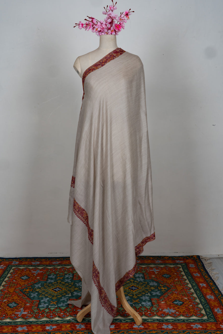 Almond Bloom Merino wool 2.5 Yards Sozni Hand Embroidered Shawl