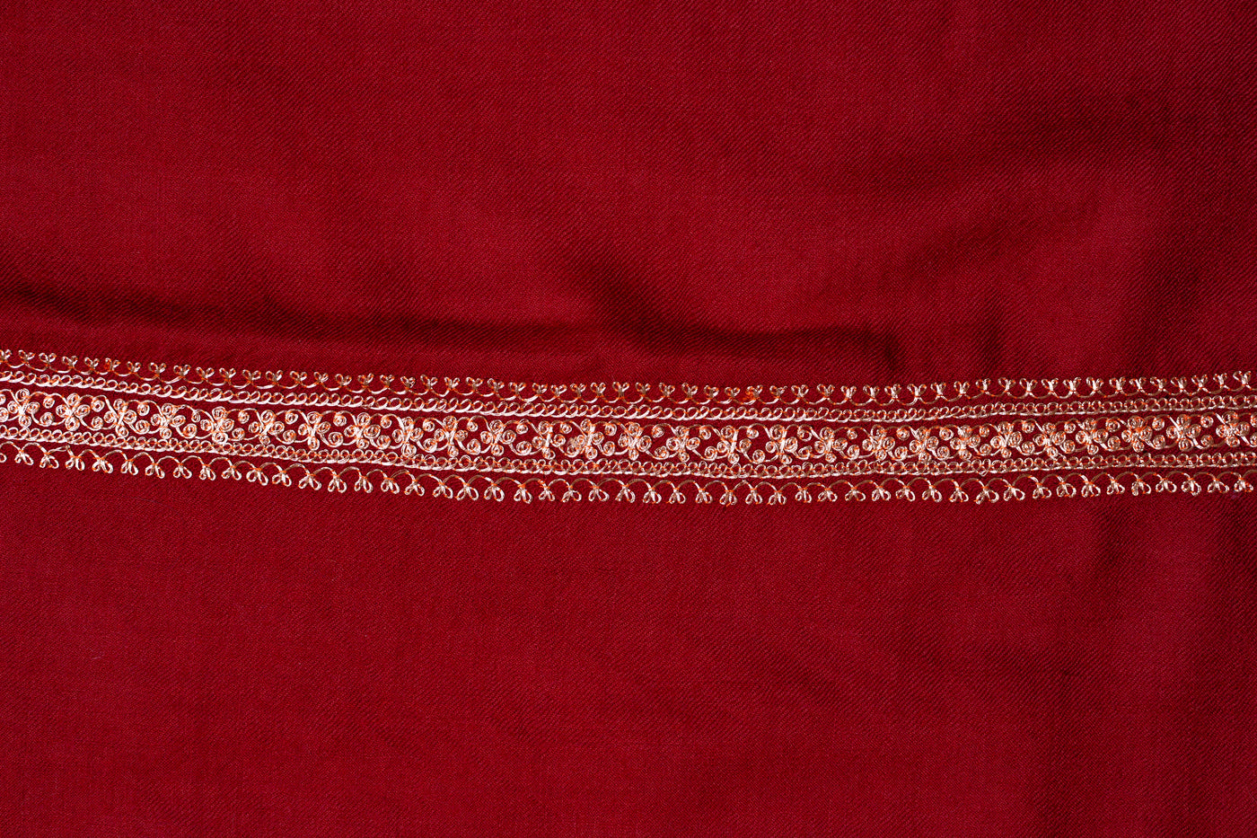 Scarlet Radiance: Sozni Hand-Embroidered Merino Wool Shawl