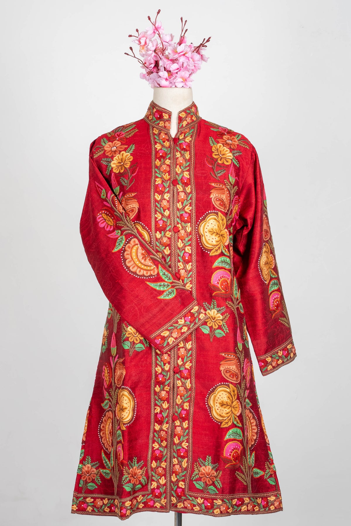 Pure Silk Aari Hand Embroidered Long Jacket