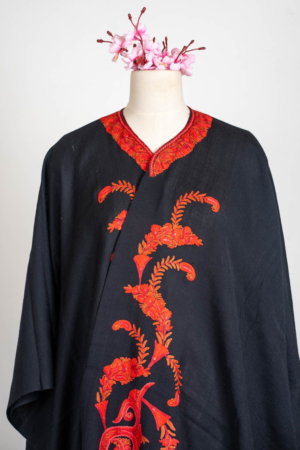 Hand Embroidered Open Front Shawl/Cape with Fiery Paisley Floral Art