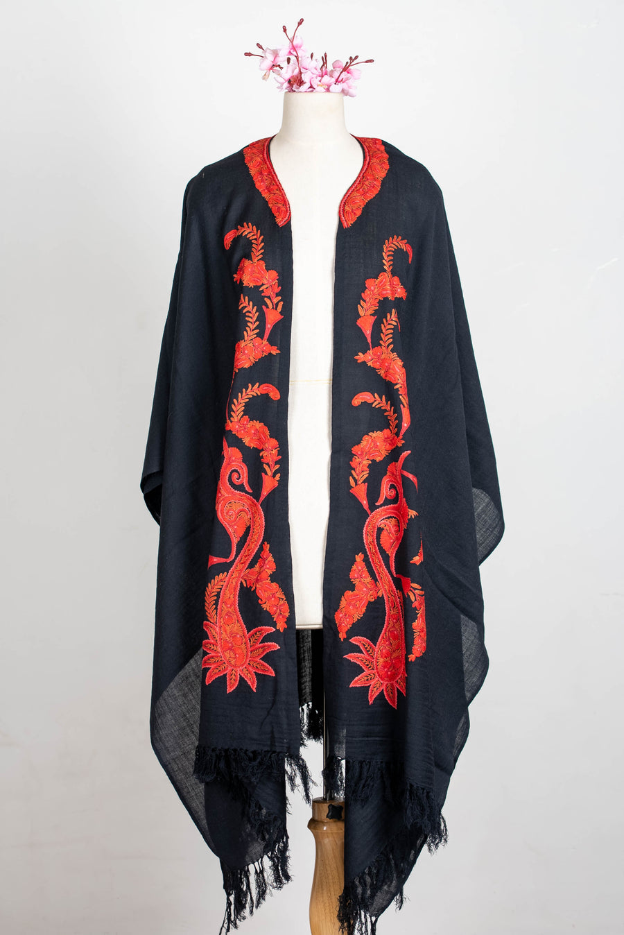 Hand Embroidered Open Front Shawl/Cape with Fiery Paisley Floral Art