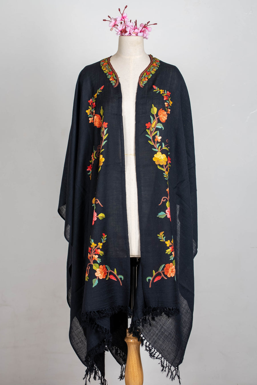 Hand Embroidered Open Front Shawl/Cape with Delicate Multicolor Floral Vines