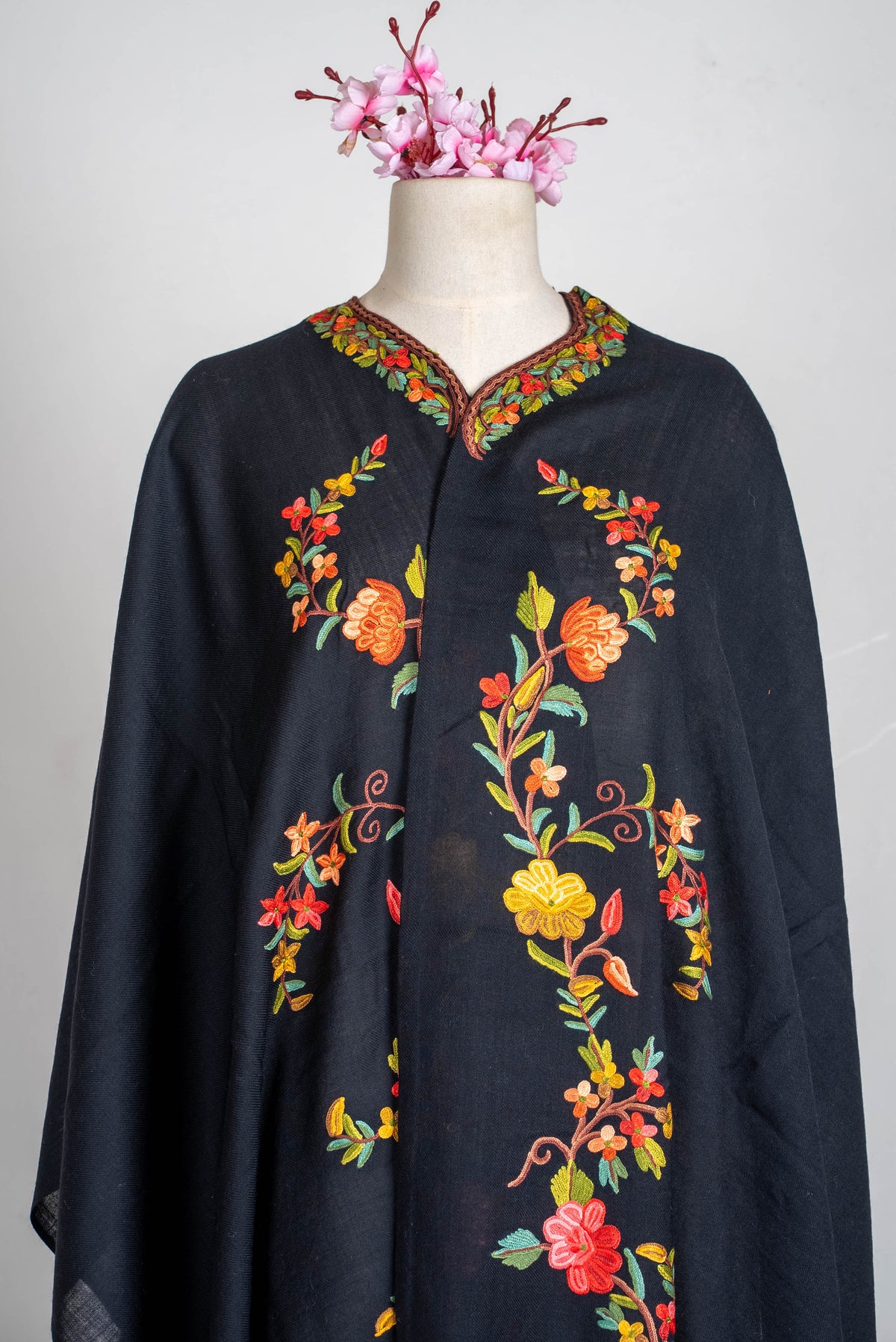 Hand Embroidered Open Front Shawl/Cape with Delicate Multicolor Floral Vines