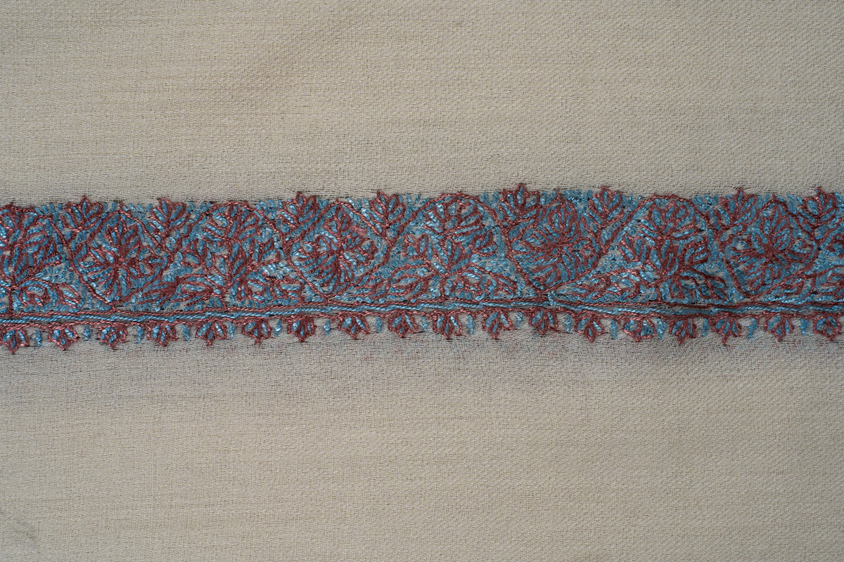 Close-up of turquoise and coral Sozni flowers and curling leaves across a narrow ivory rumal border