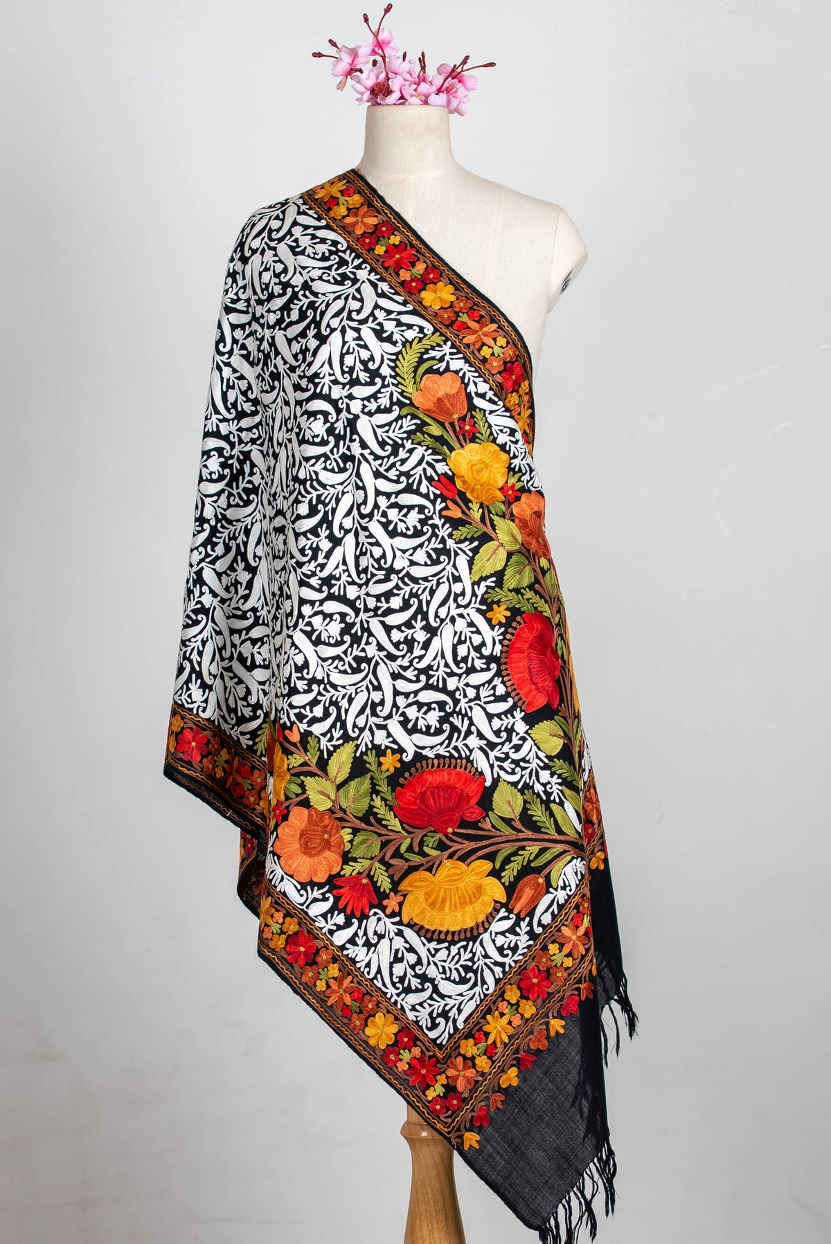 Fine Merino Wool Aari Embroidered Shawl with Multicolor Floral Jama and White Vinework