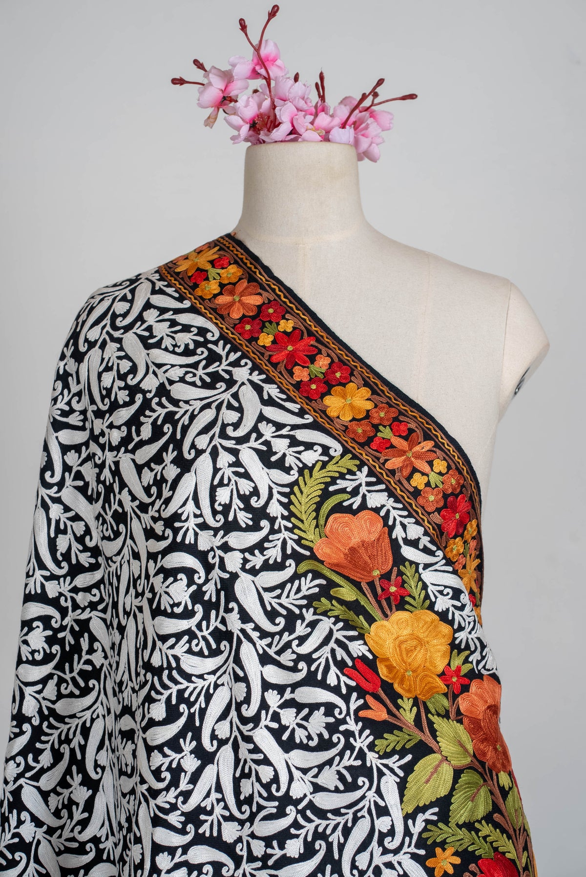 Fine Merino Wool Aari Embroidered Shawl with Multicolor Floral Jama and White Vinework