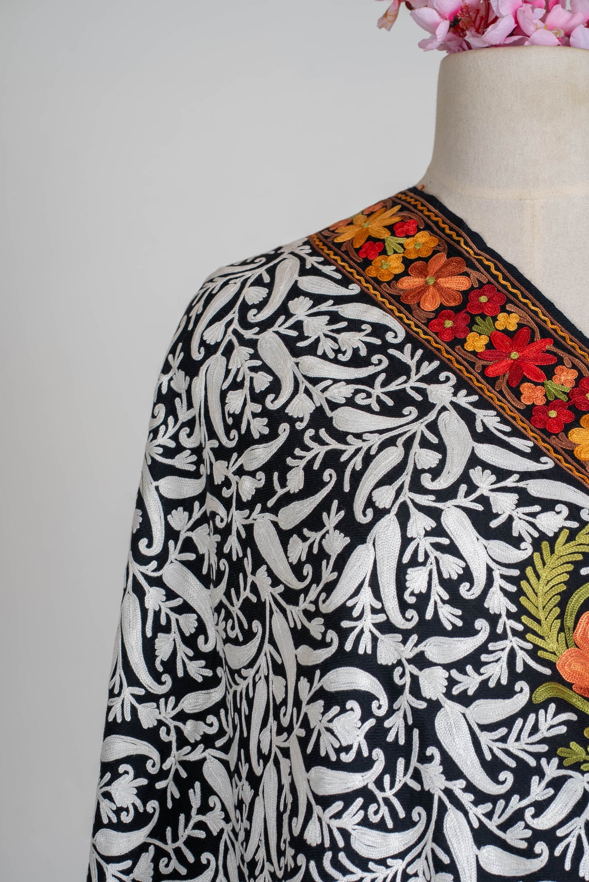 Fine Merino Wool Aari Embroidered Shawl with Multicolor Floral Jama and White Vinework