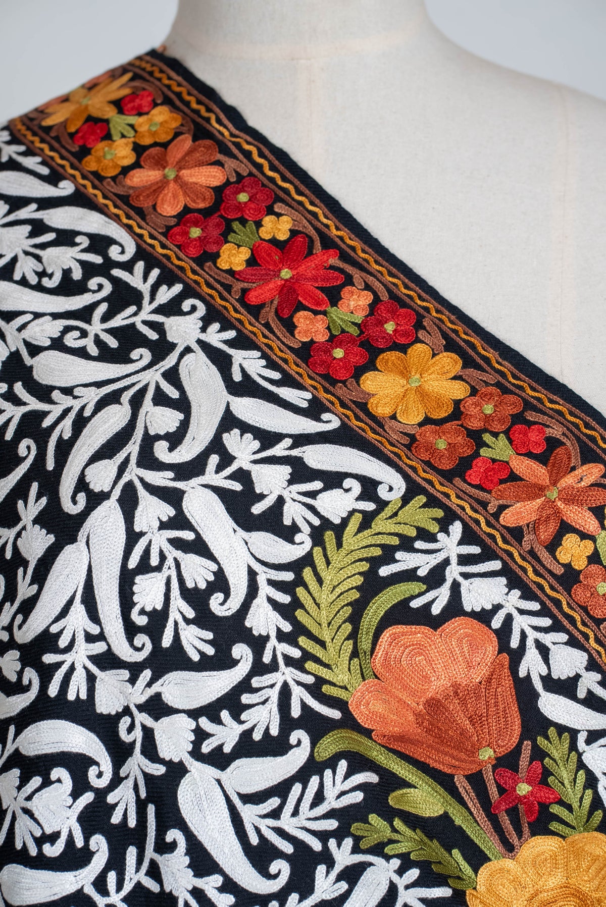 Fine Merino Wool Aari Embroidered Shawl with Multicolor Floral Jama and White Vinework