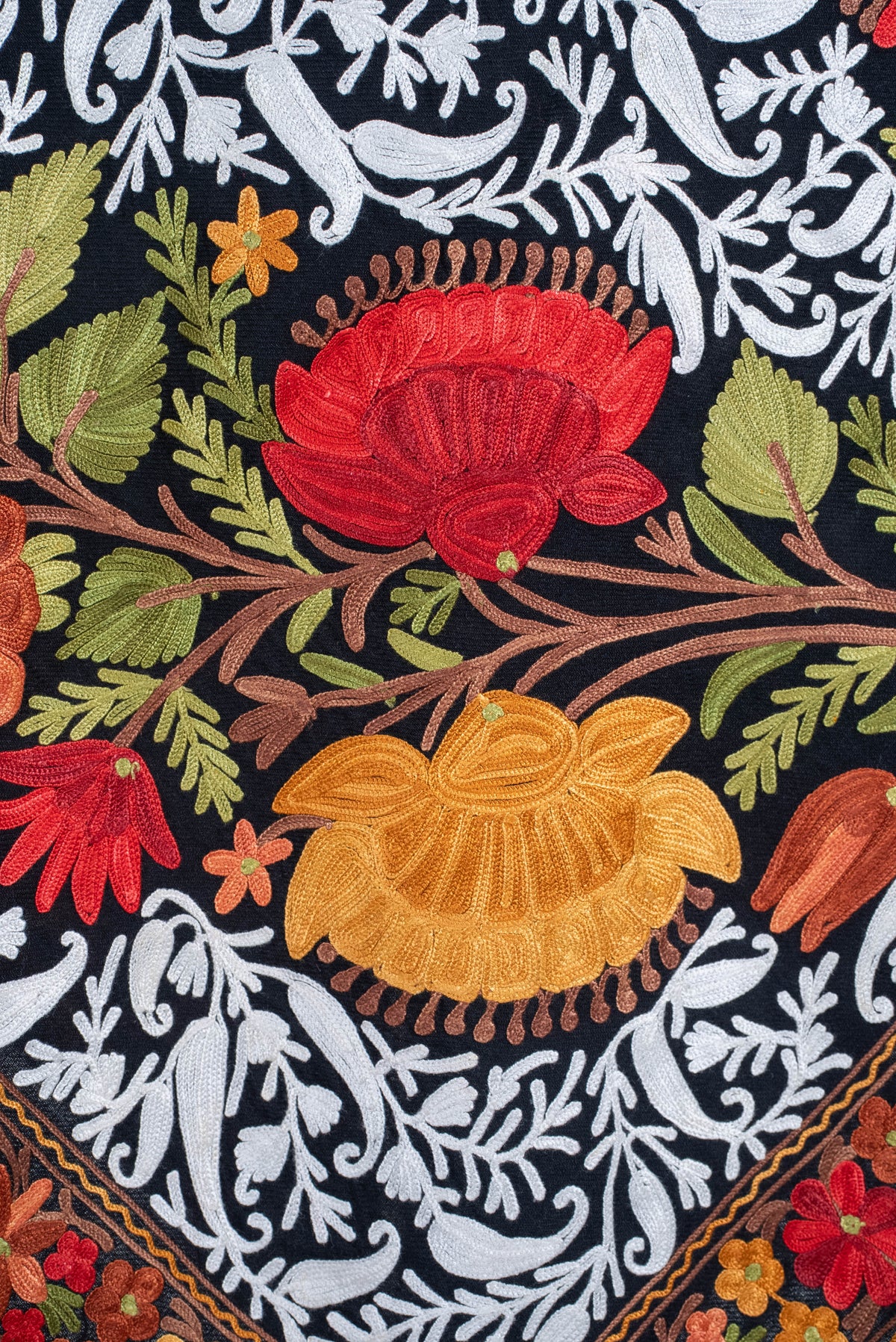 Fine Merino Wool Aari Embroidered Shawl with Multicolor Floral Jama and White Vinework