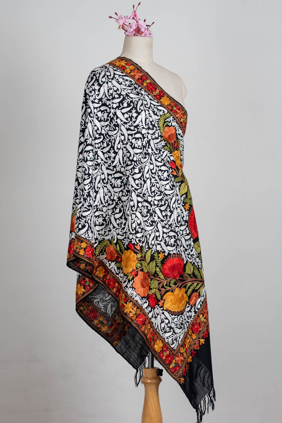 Fine Merino Wool Aari Embroidered Shawl with Multicolor Floral Jama and White Vinework