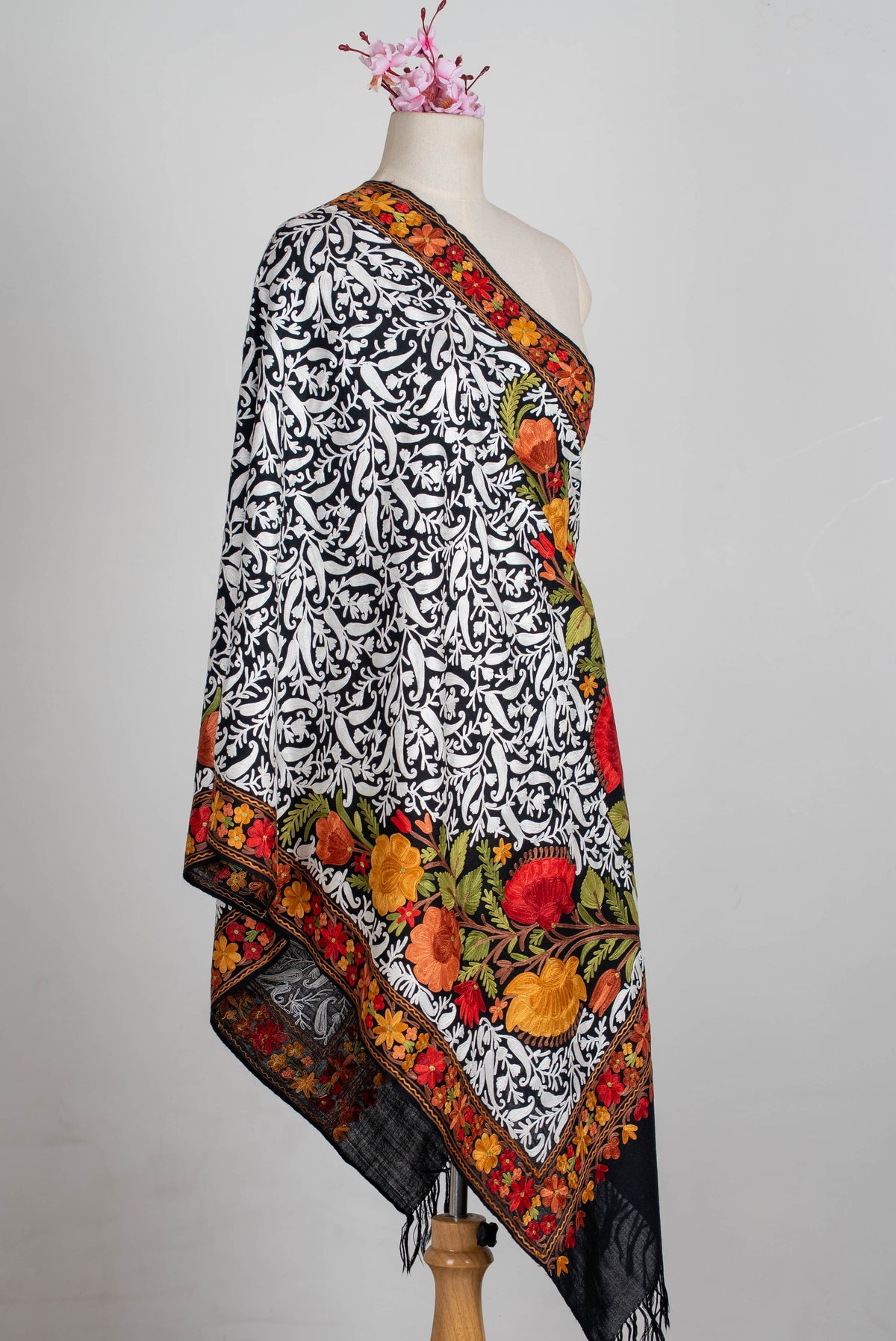 Fine Merino Wool Aari Embroidered Shawl with Multicolor Floral Jama and White Vinework