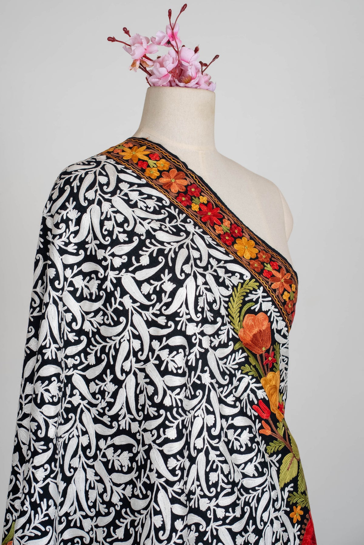 Fine Merino Wool Aari Embroidered Shawl with Multicolor Floral Jama and White Vinework