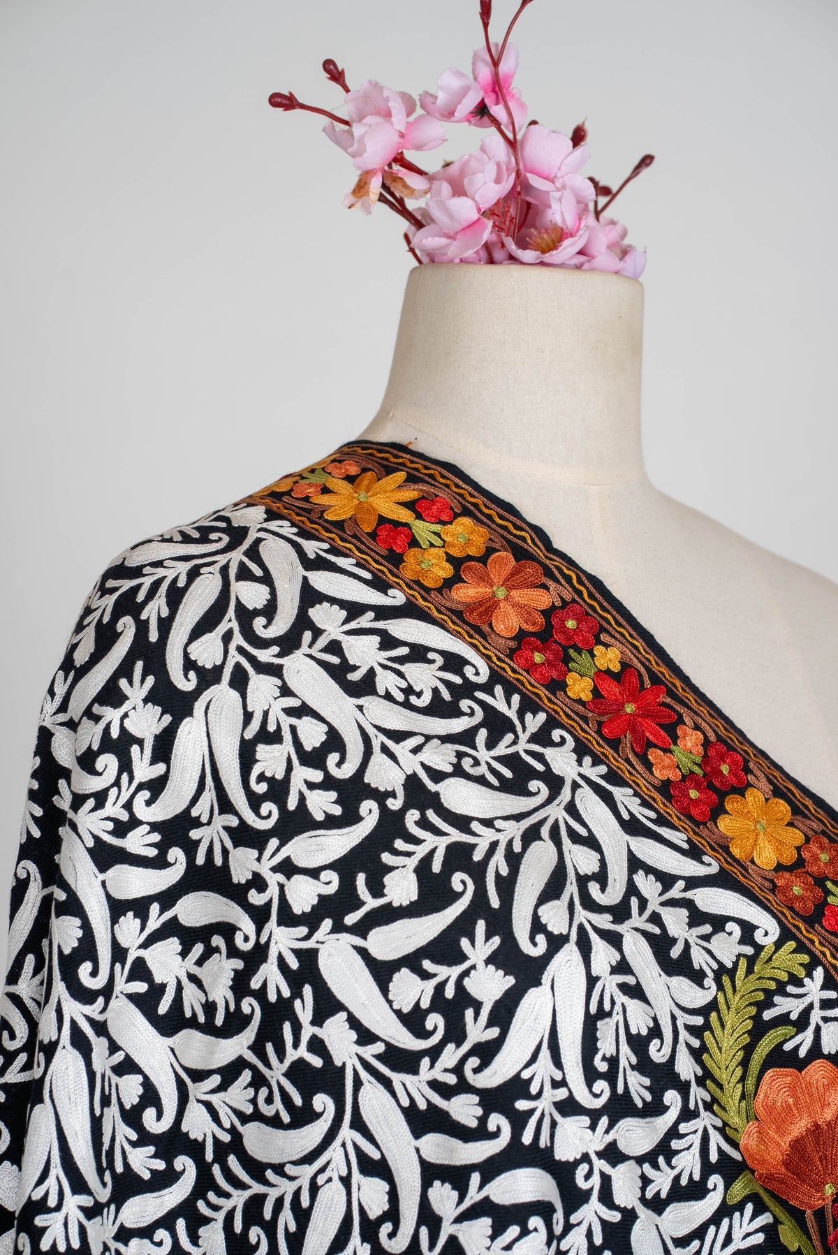 Fine Merino Wool Aari Embroidered Shawl with Multicolor Floral Jama and White Vinework