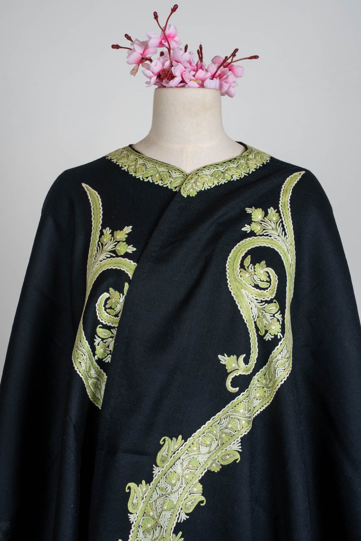 Hand Embroidered Open Front Shawl/Cape with Sage Green Paisley Embroidery