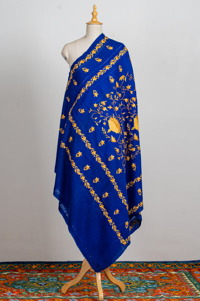 Royal Blue Splendor Aari Hand-Embroidered Merino Wool Shawl