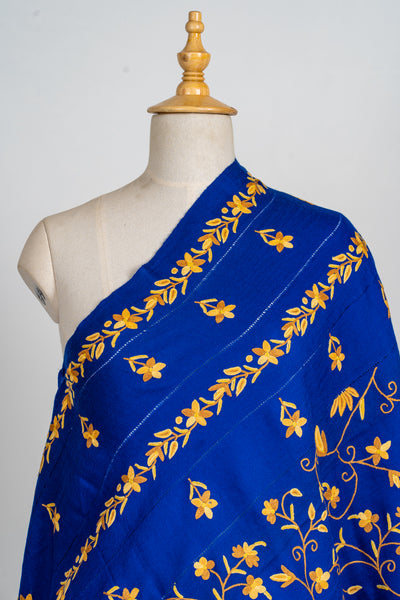 Royal Blue Splendor Aari Hand-Embroidered Merino Wool Shawl