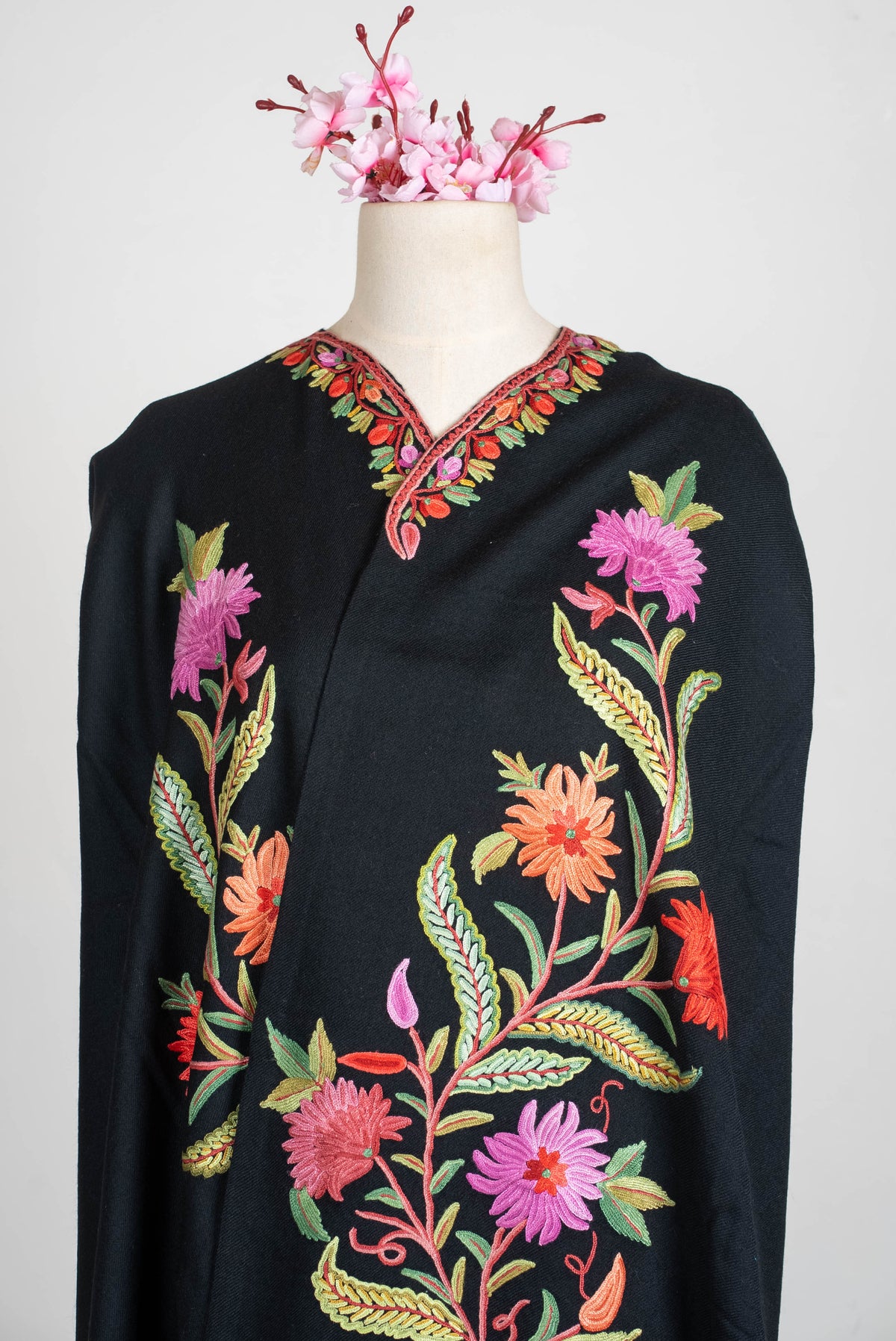 Hand Embroidered Open Front Shawl/Cape with Vibrant Botanical Florals