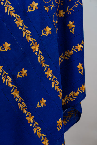 Royal Blue Splendor Aari Hand-Embroidered Merino Wool Shawl