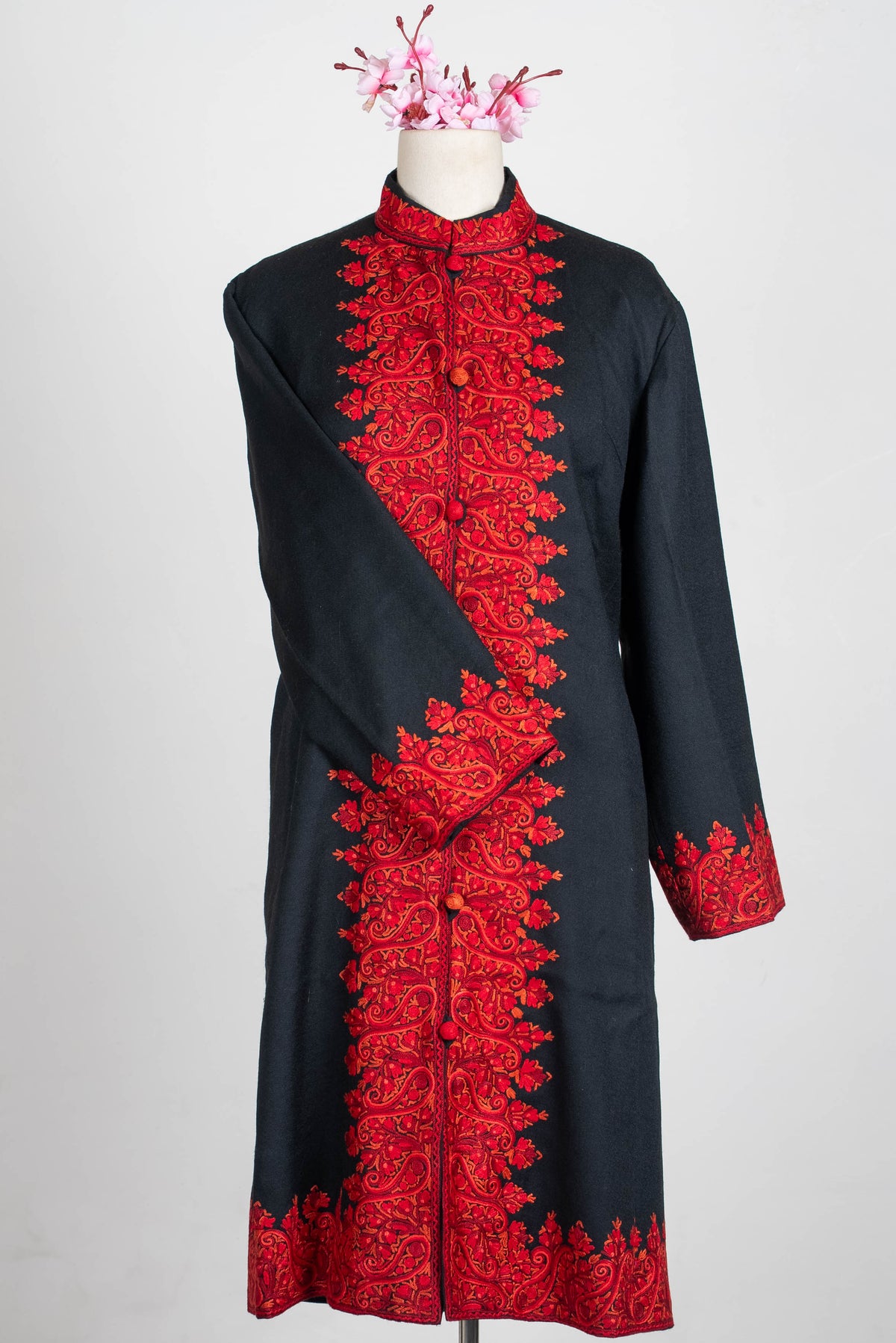 Noir Crimson Aari Hand Embroidered Long Jacket