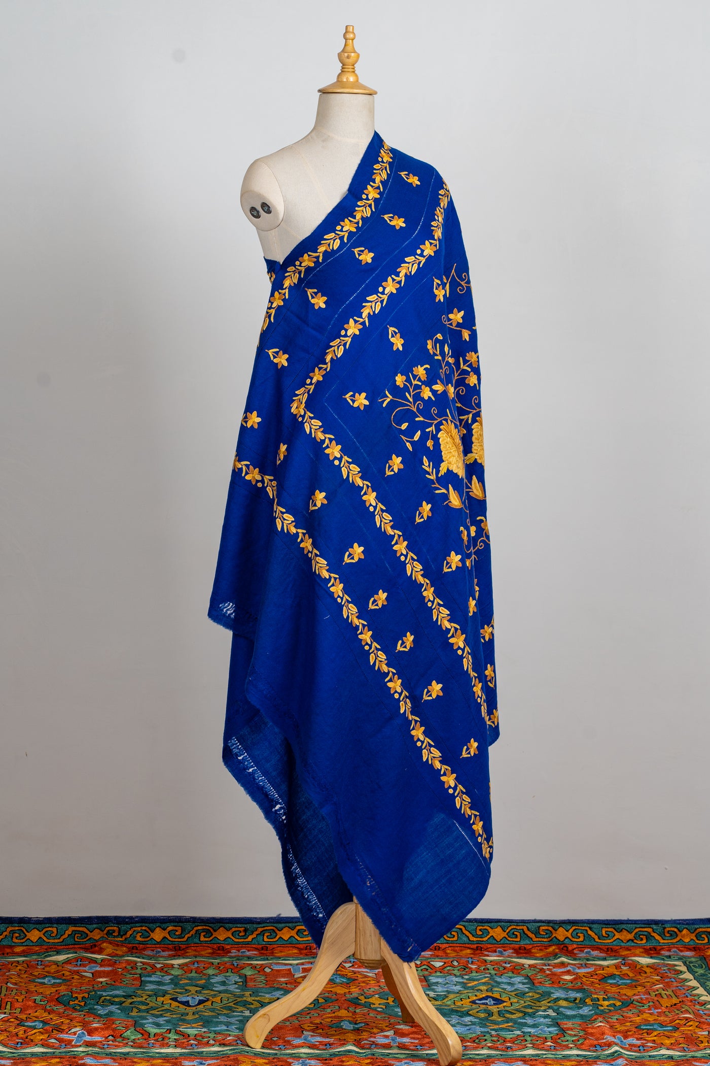 Royal Blue Splendor Aari Hand-Embroidered Merino Wool Shawl