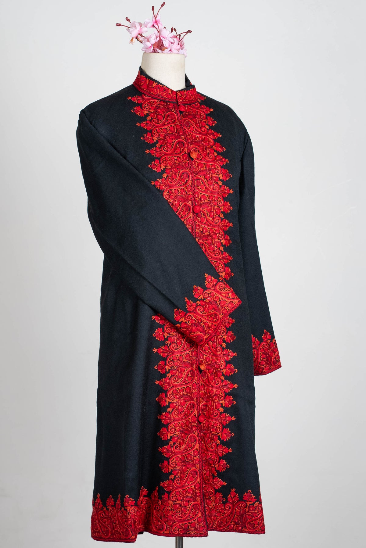 Noir Crimson Aari Hand Embroidered Long Jacket