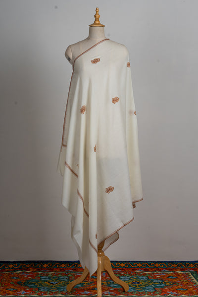 Ivory Elegance: Hand-Embroidered Sozni Merino Wool Shawl